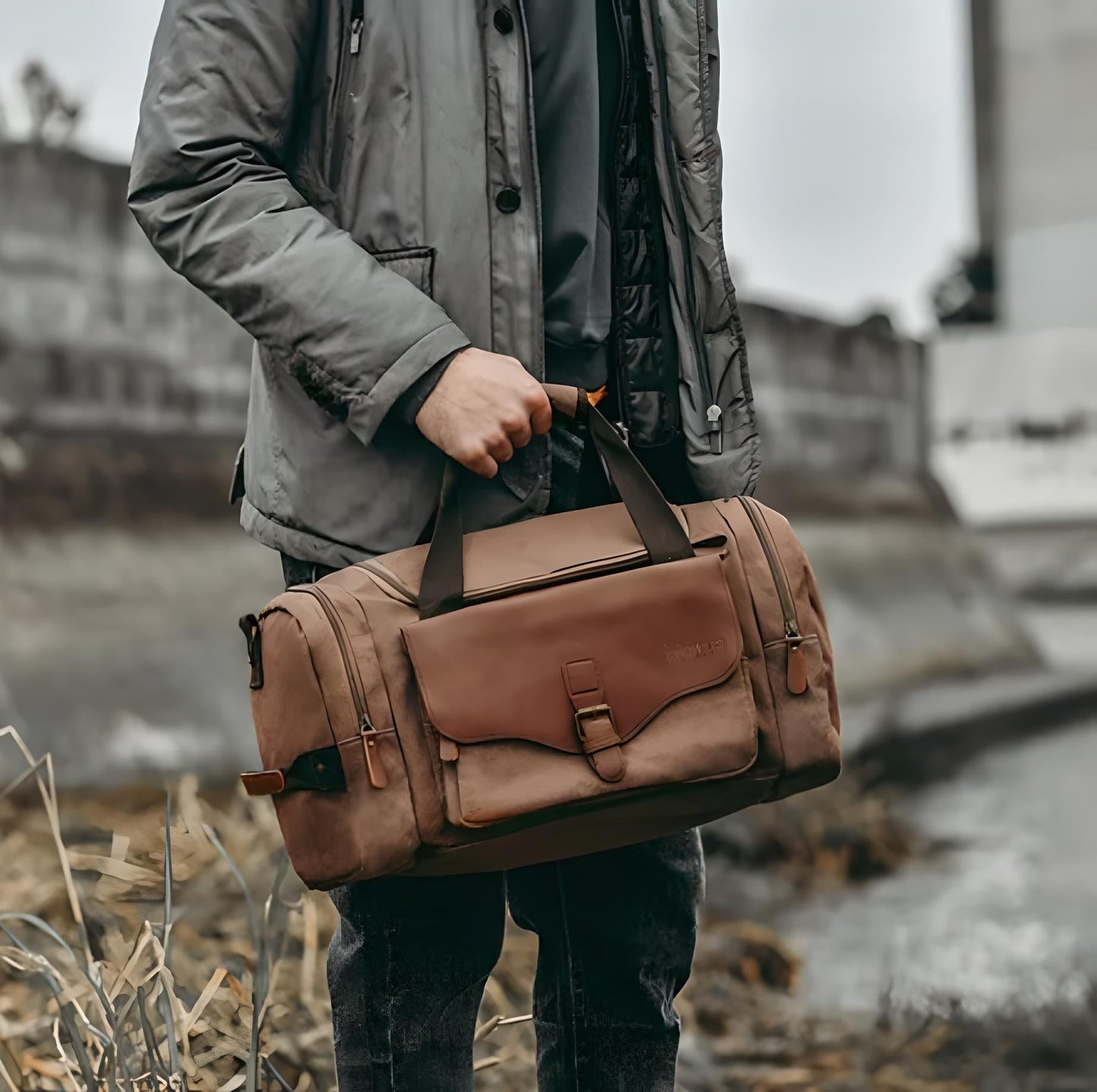 Multi-Compartment Leather Accent Duffle Bag